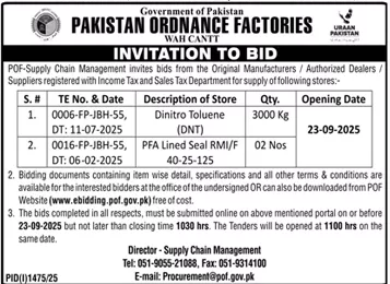 Pakistan Ordnance Factories Wah Cantt Tender Notice